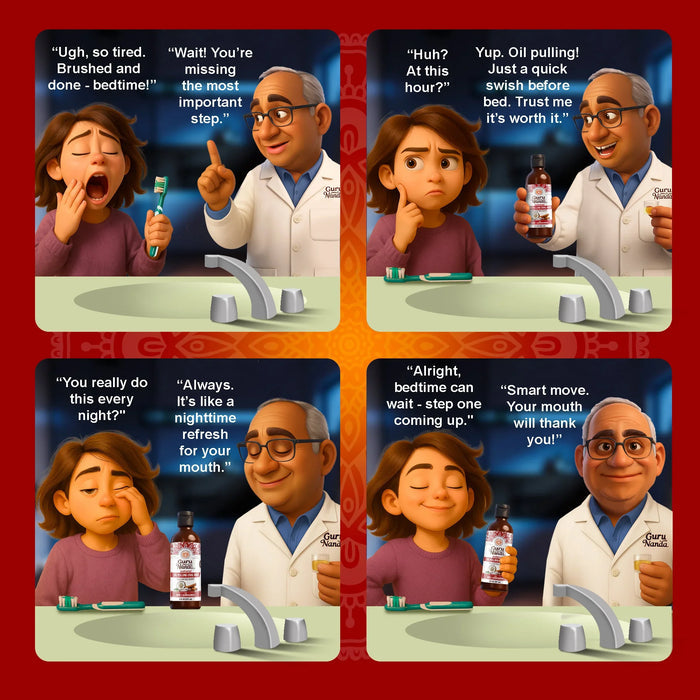Comic strip with a doctor and a child at a bathroom sink, discussing dental care. #size_8-fl-oz