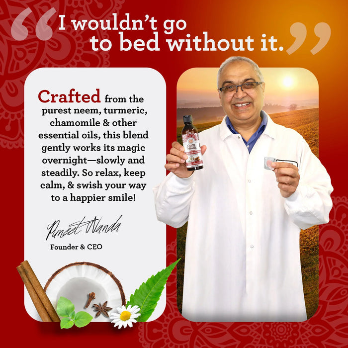 Man in a white coat holding a bottle with text about essential oils on a red background #size_8-fl-oz