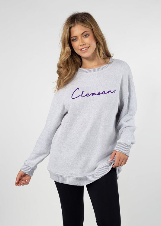 Clemson Tigers Women's Heather-Grey Relaxed, straight Yarn-dyed brushed fleece Sweatshirt with the look of sweater, the touch of a blanket, crew neckline and ribbed neck, cuffs and hem