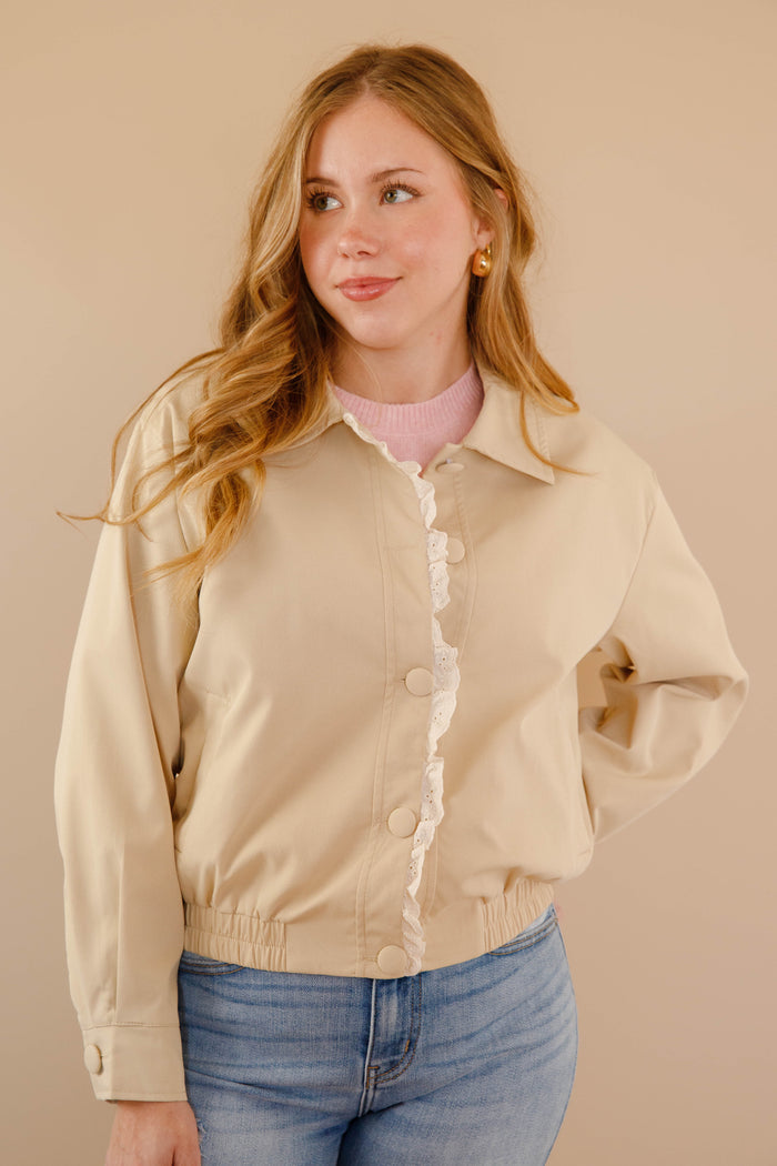 Khaki Lace Snap Jacket- Women's Spring Jackets- Rosie Posie Jacket