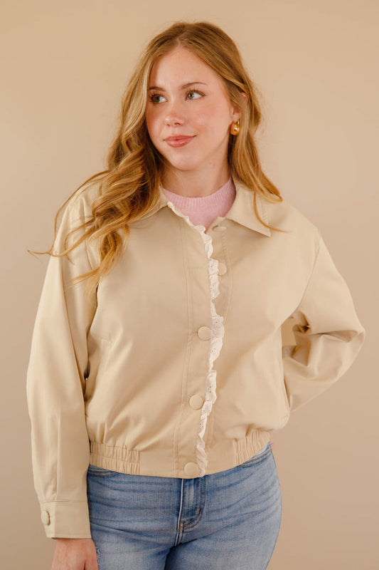 Khaki Lace Snap Jacket- Women's Spring Jackets- Rosie Posie Jacket