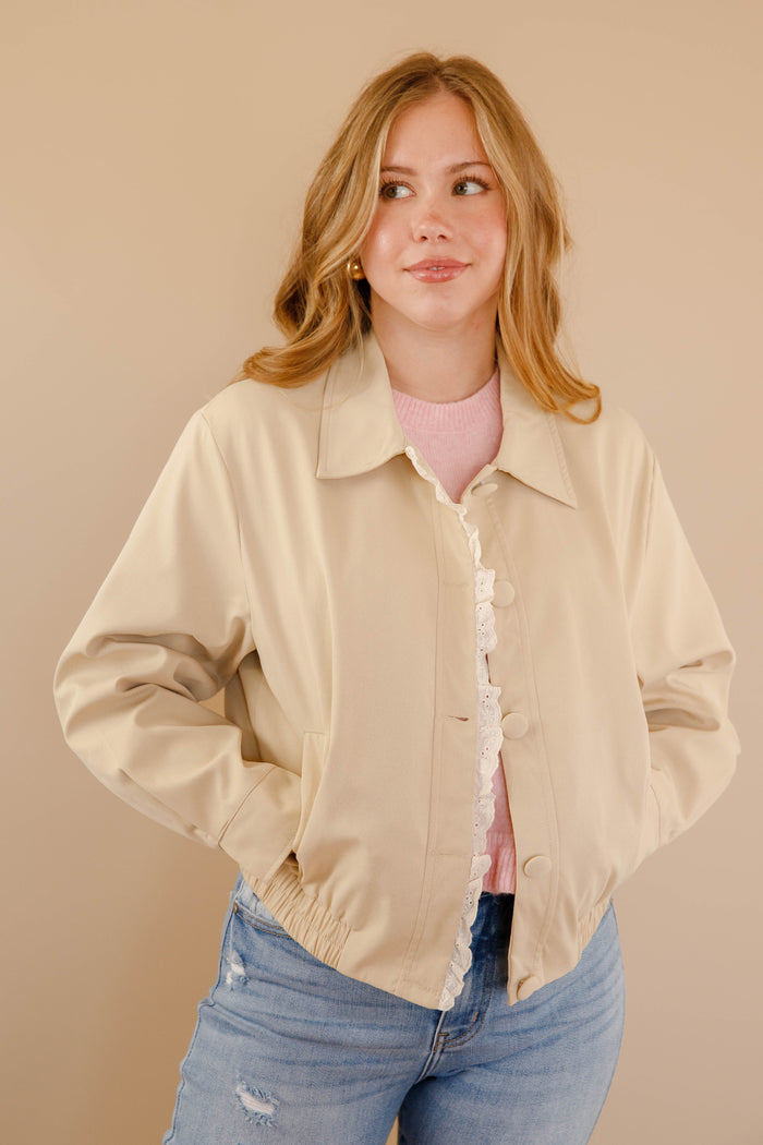 Khaki Lace Snap Jacket- Women's Spring Jackets- Rosie Posie Jacket