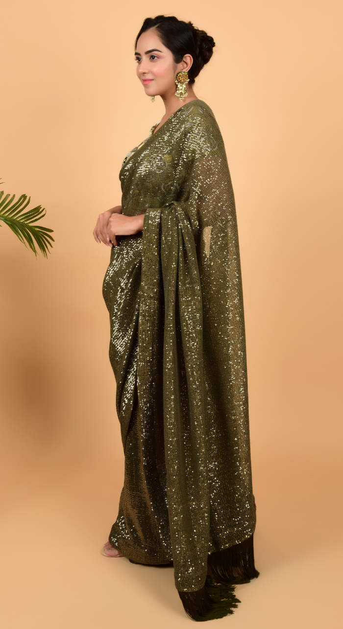 Designer Sequins Saree With Hand Work Blouse
