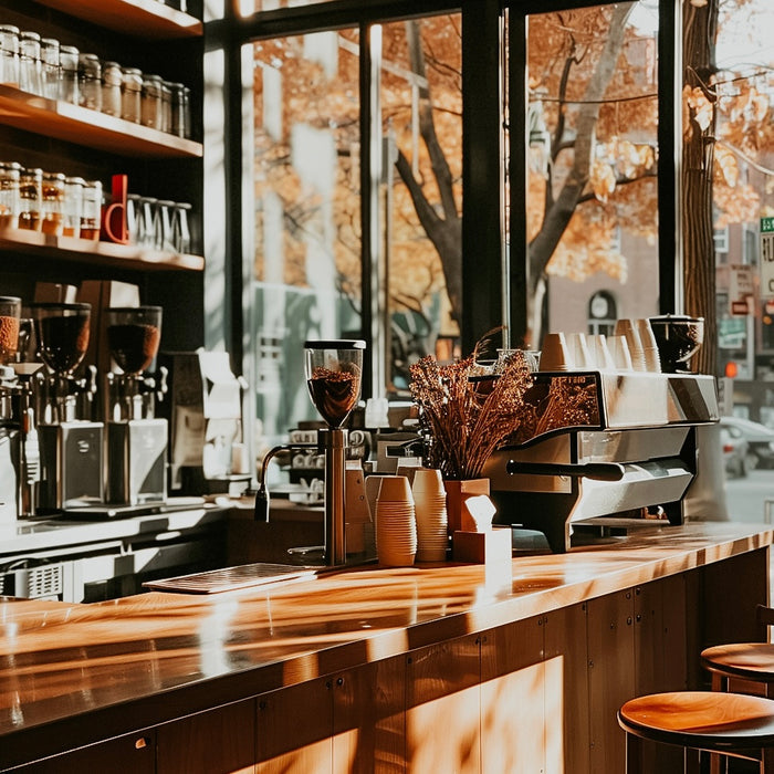 Interior view of a coffee house featuring a counter with coffee machines, glasses of coffee, and decorative items, with a window in the background showing trees and sky.