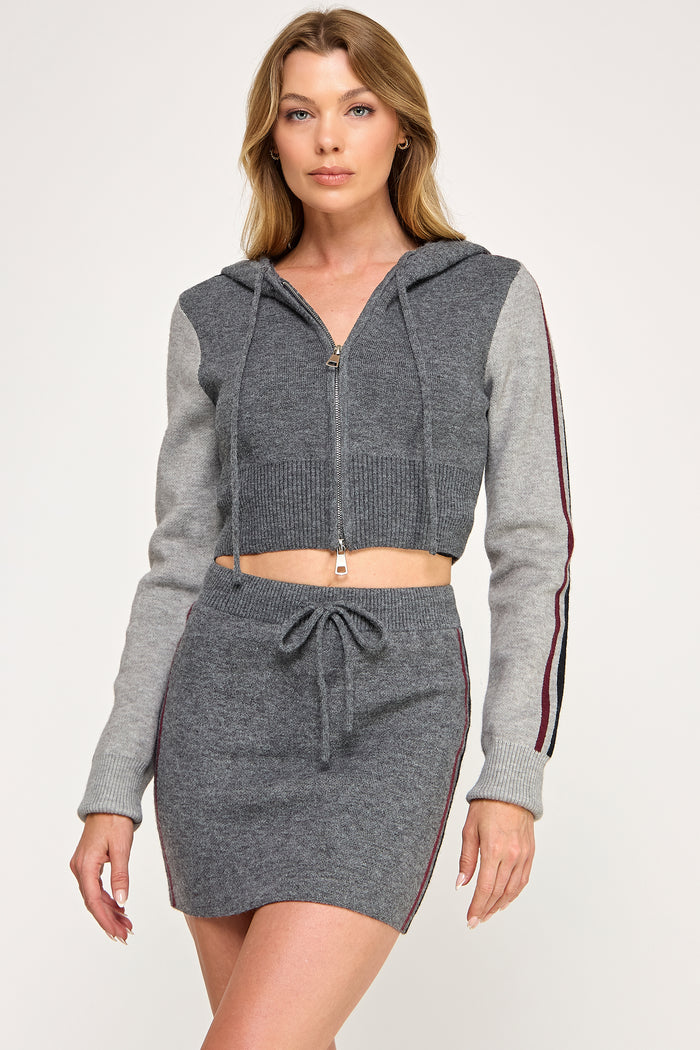 Colorblock Cropped Zip Hoodie & Mini Skirt Set
