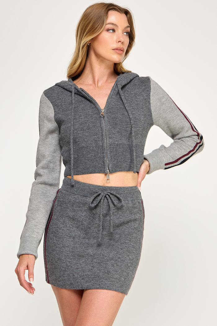Colorblock Cropped Zip Hoodie & Mini Skirt Set
