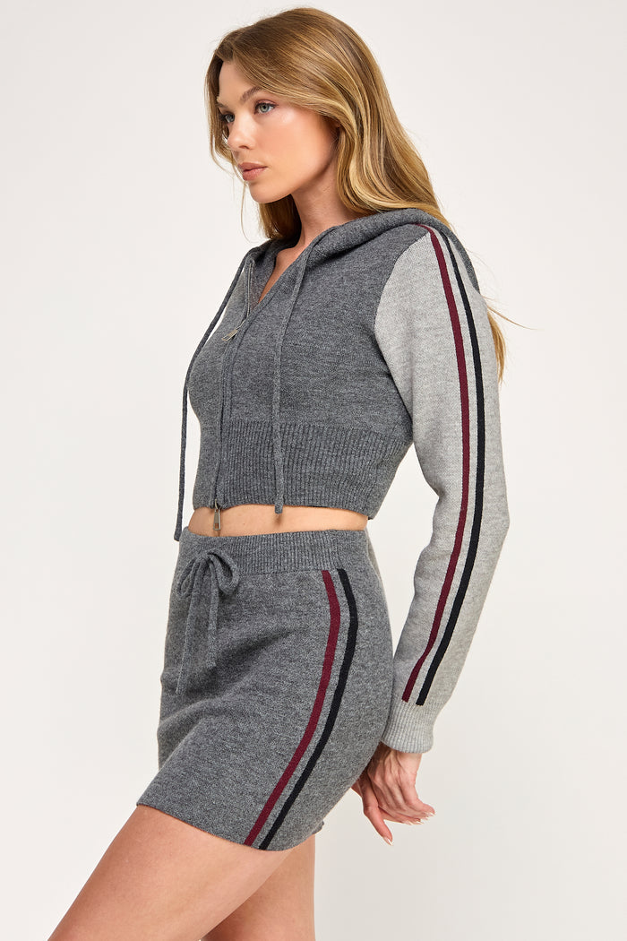 Colorblock Cropped Zip Hoodie & Mini Skirt Set