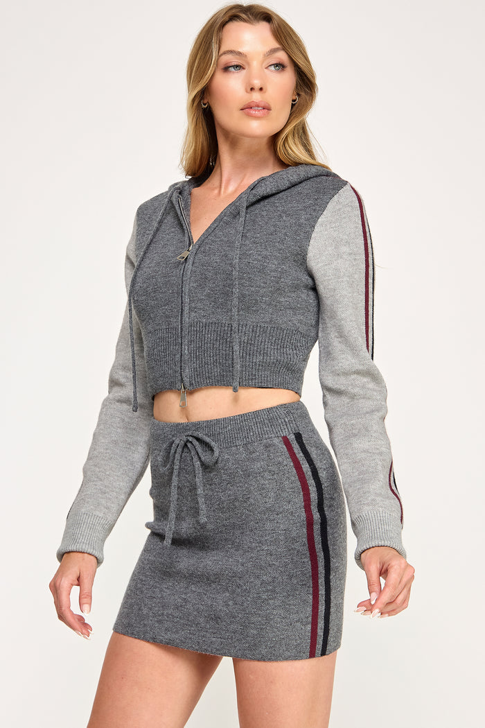 Colorblock Cropped Zip Hoodie & Mini Skirt Set
