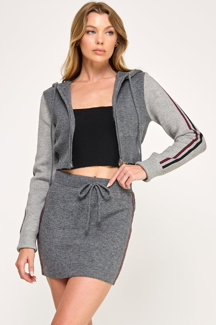Colorblock Cropped Zip Hoodie & Mini Skirt Set