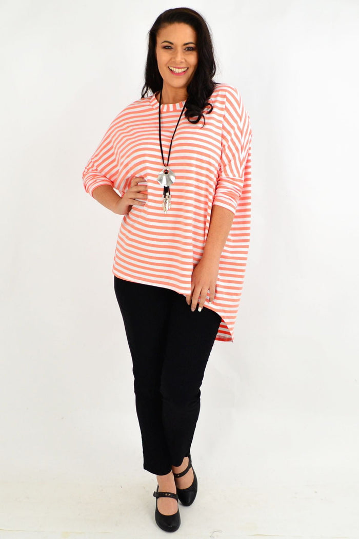 Pink and white Coral Swing Stripe Tunic Top by Cordelia St, long-sleeve casual tunic with a relaxed fit and stylish stripe pattern.