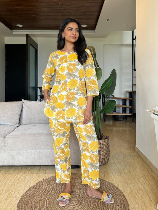 Cotton Lounge Set- Yellow Grey
