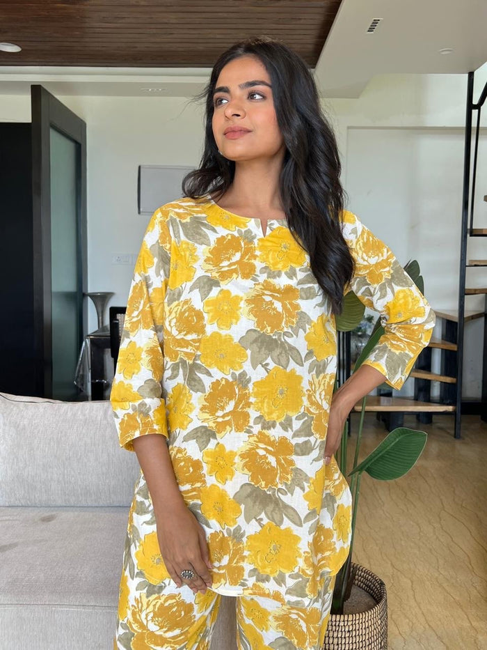 Cotton Lounge Set- Yellow Grey