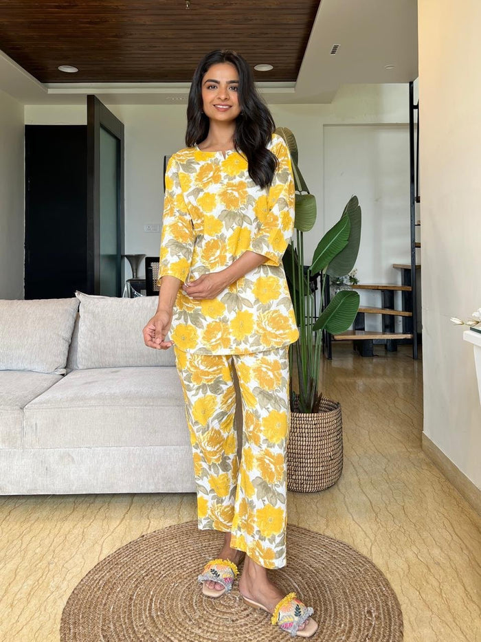 Cotton Lounge Set- Yellow Grey
