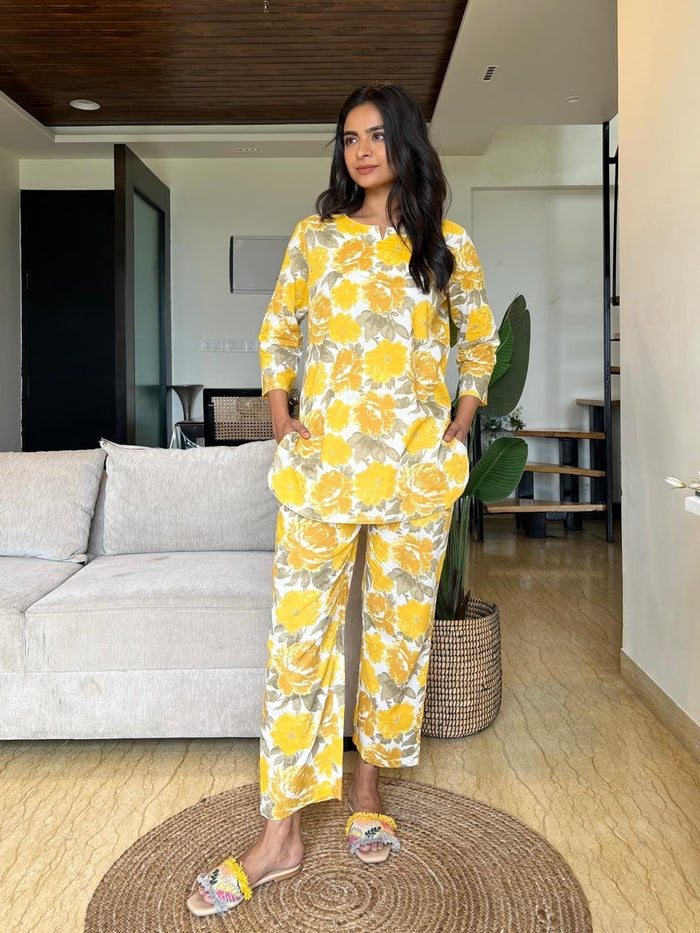 Cotton Lounge Set- Yellow Grey