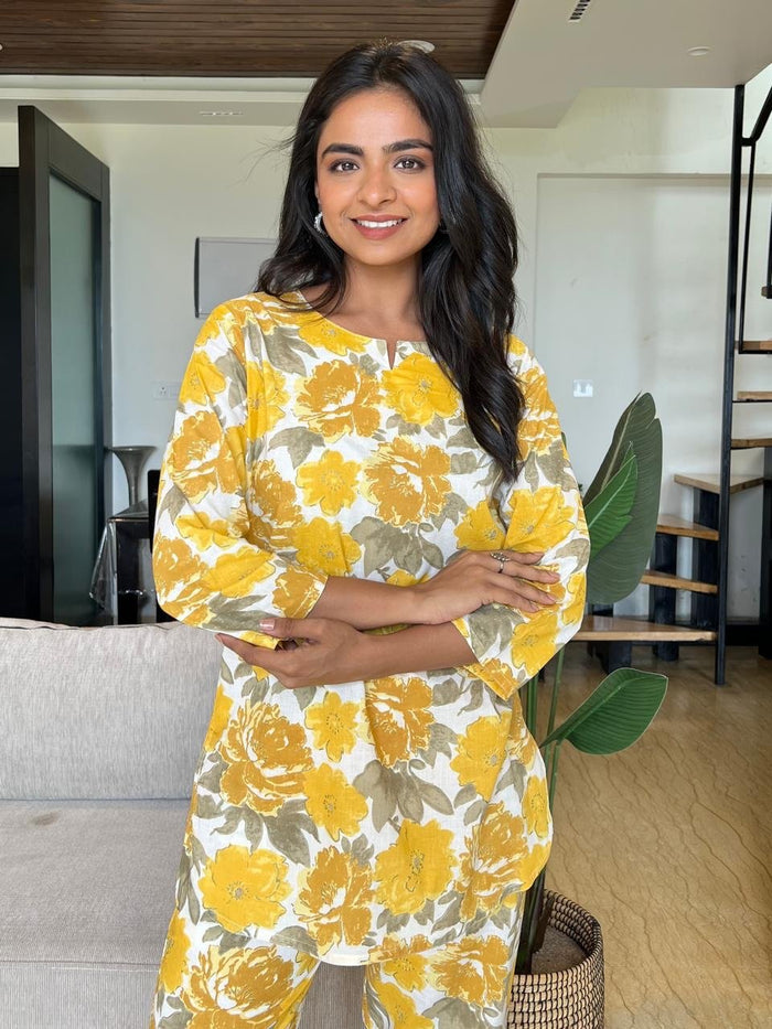 Cotton Lounge Set- Yellow Grey