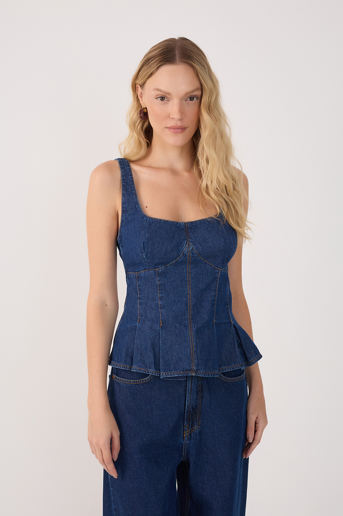 Denim Topstitching Pleats Sleeveless Top_2