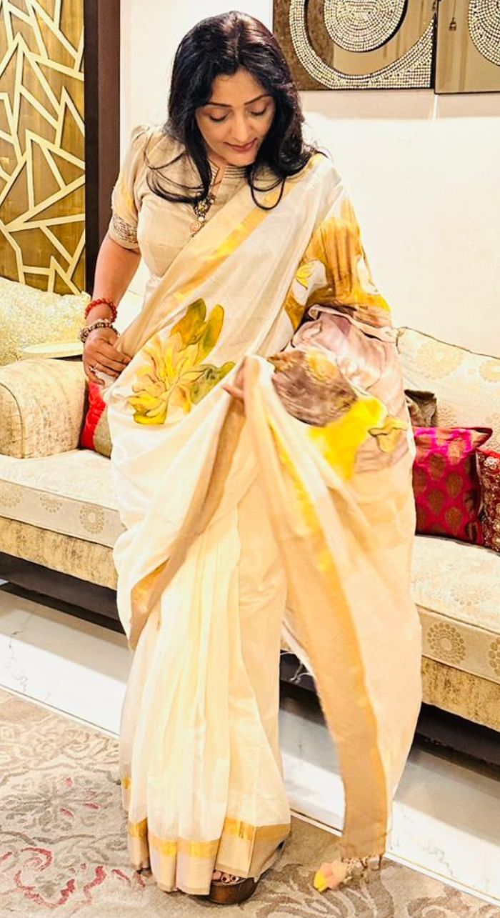 White Freehand Painted Cotton Silk Saree