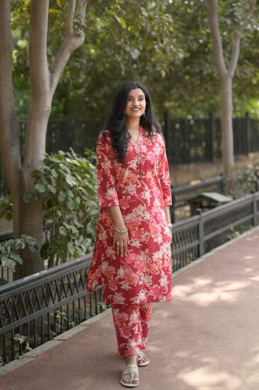 Disha Everyday Cotton Set- Red Florals