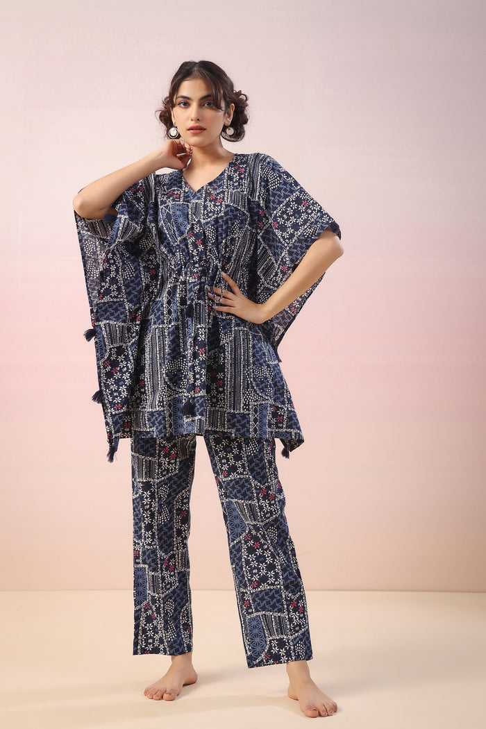 Doodle Print on Indigo Kaftan Cotton Co-ord Set