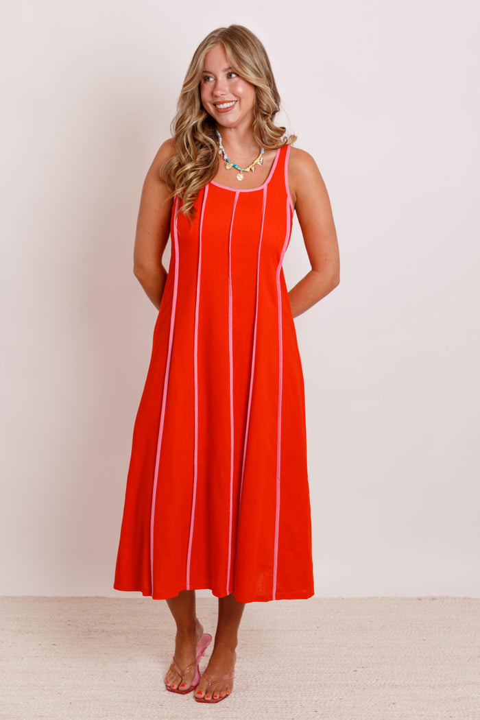 Red Contrast Trim Midi Dress with Smocked Back- Women's Vacation Dresses- THML Dresses