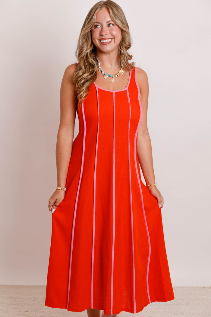 Red Contrast Trim Midi Dress with Smocked Back- Women's Vacation Dresses- THML Dresses
