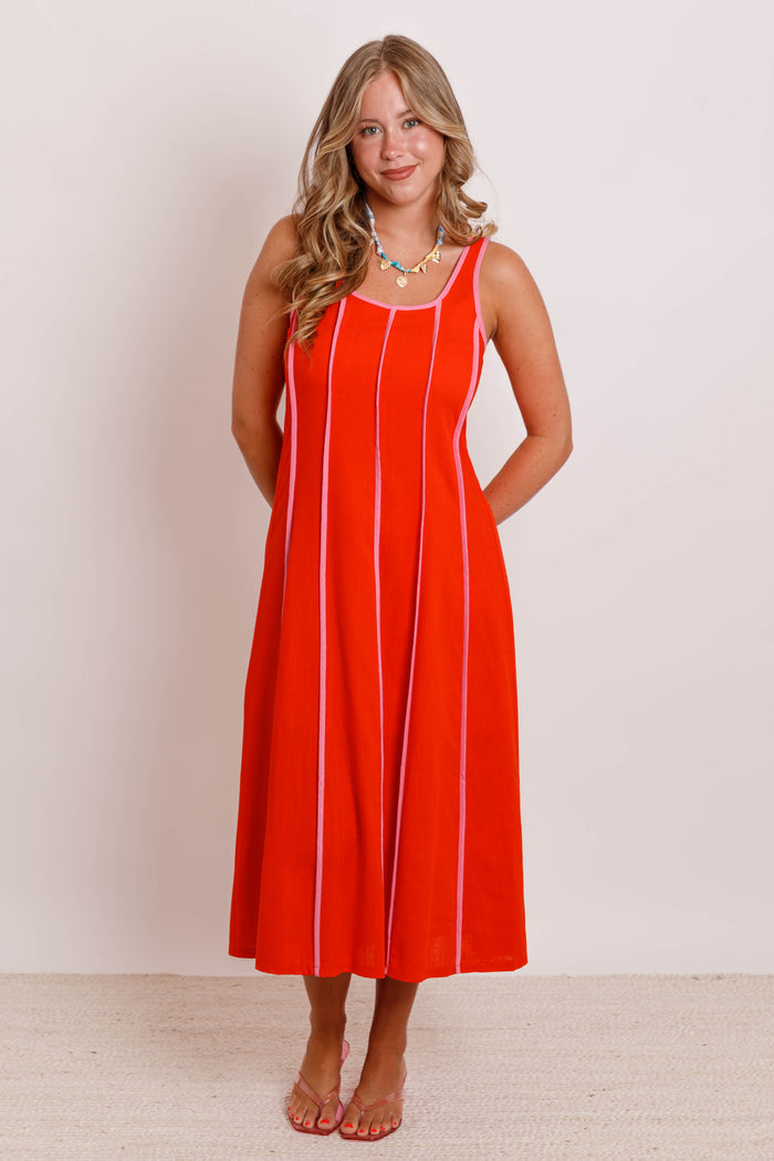 Red Contrast Trim Midi Dress with Smocked Back- Women's Vacation Dresses- THML Dresses