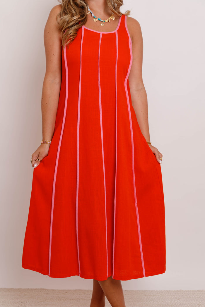 Red Contrast Trim Midi Dress with Smocked Back- Women's Vacation Dresses- THML Dresses