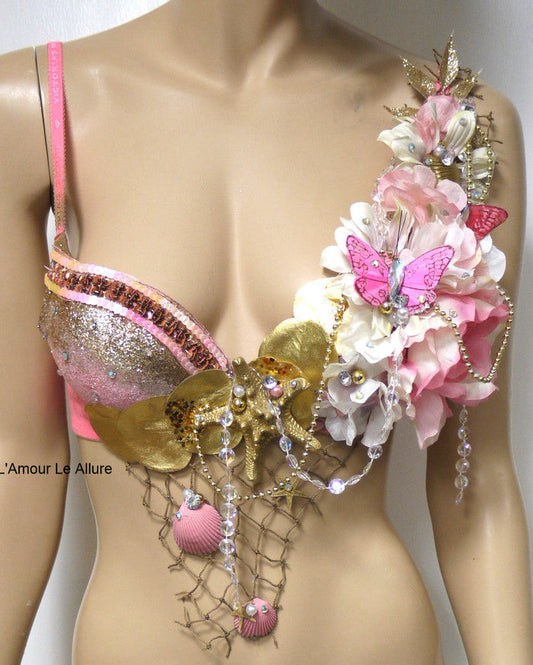Dripping in Gold Glitter Pink Mermaid Shell Bra Dance Costume Rave Halloween