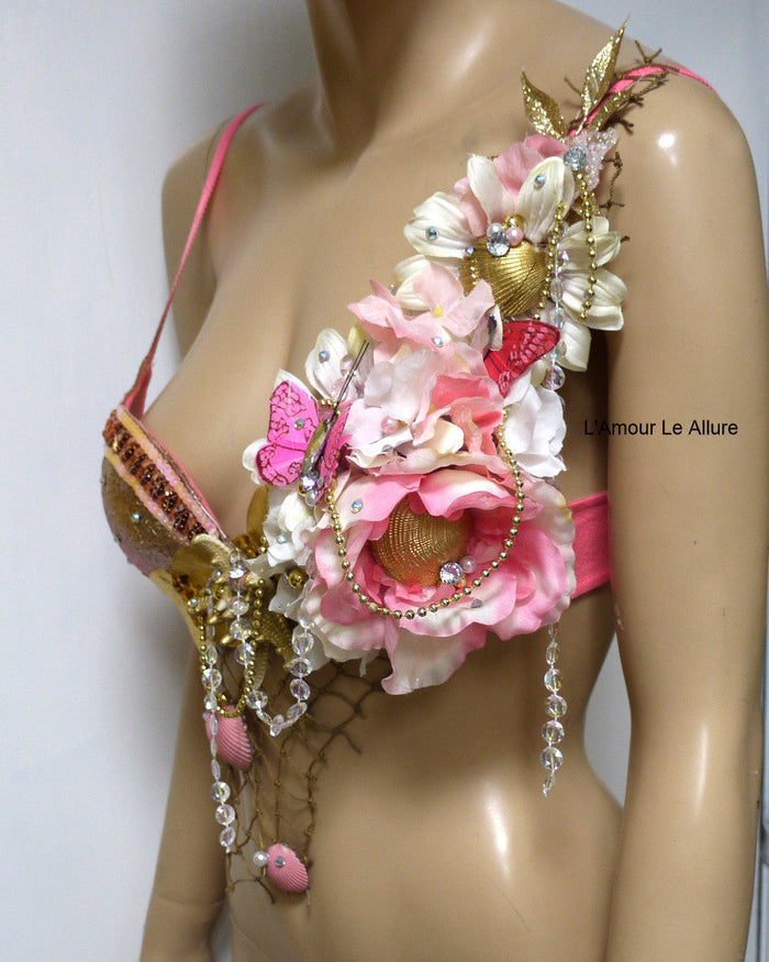 Dripping in Gold Glitter Pink Mermaid Shell Bra Dance Costume Rave Halloween