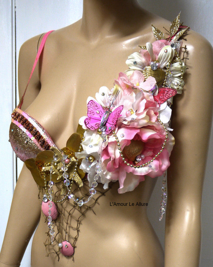 Dripping in Gold Glitter Pink Mermaid Shell Bra Dance Costume Rave Halloween
