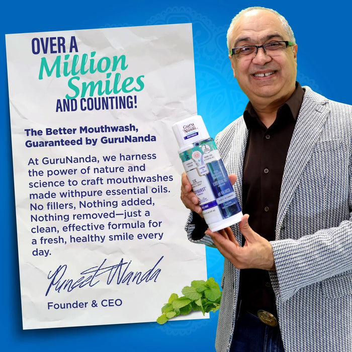 Man holding a bottle of mouthwash with promotional text about GuruNanda mouthwash on a blue background #size_20-fl-oz