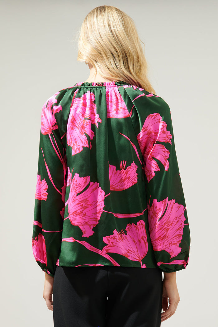 Eartha Floral Jovie Split Neck Satin Raglan Blouse