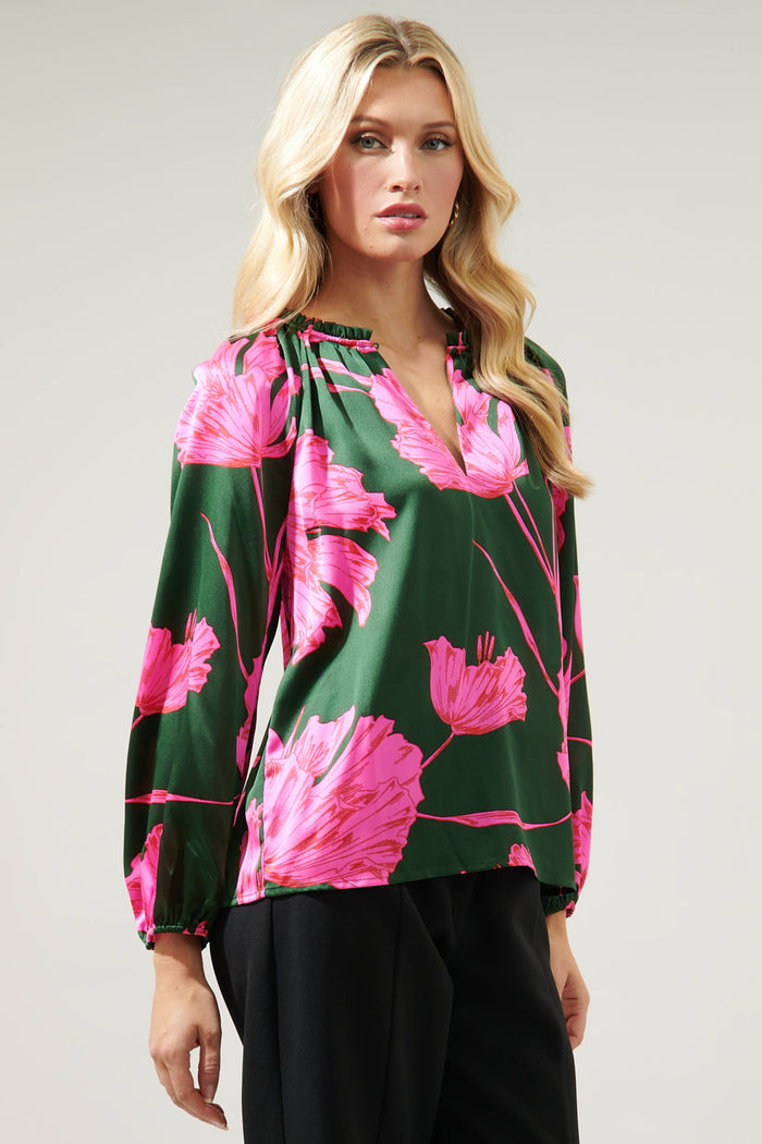 Eartha Floral Jovie Split Neck Satin Raglan Blouse