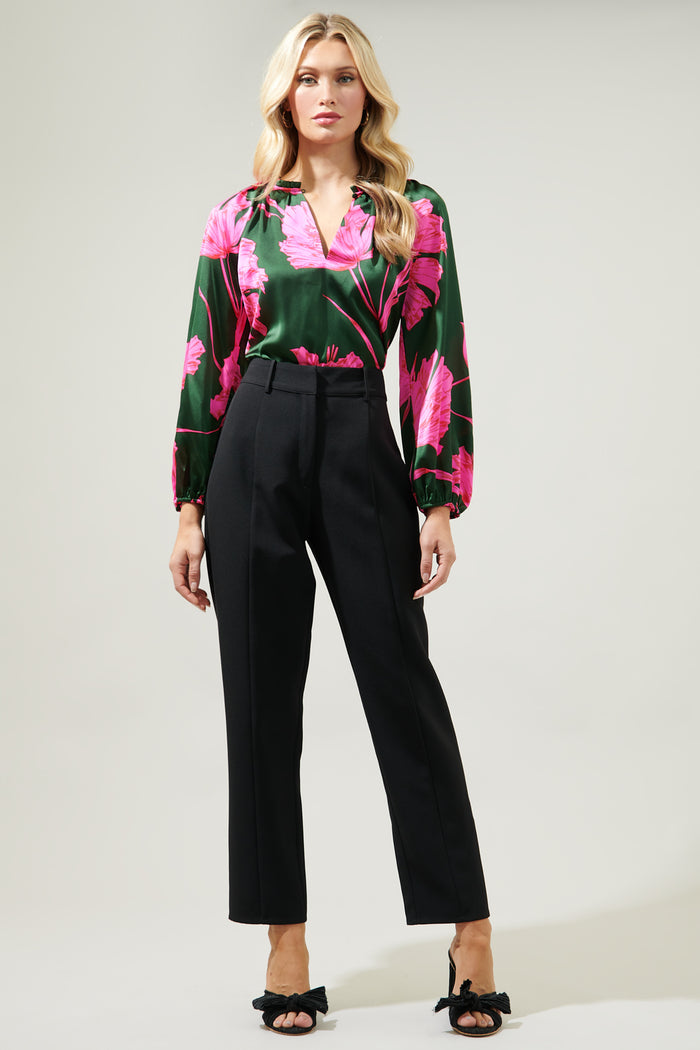Eartha Floral Jovie Split Neck Satin Raglan Blouse