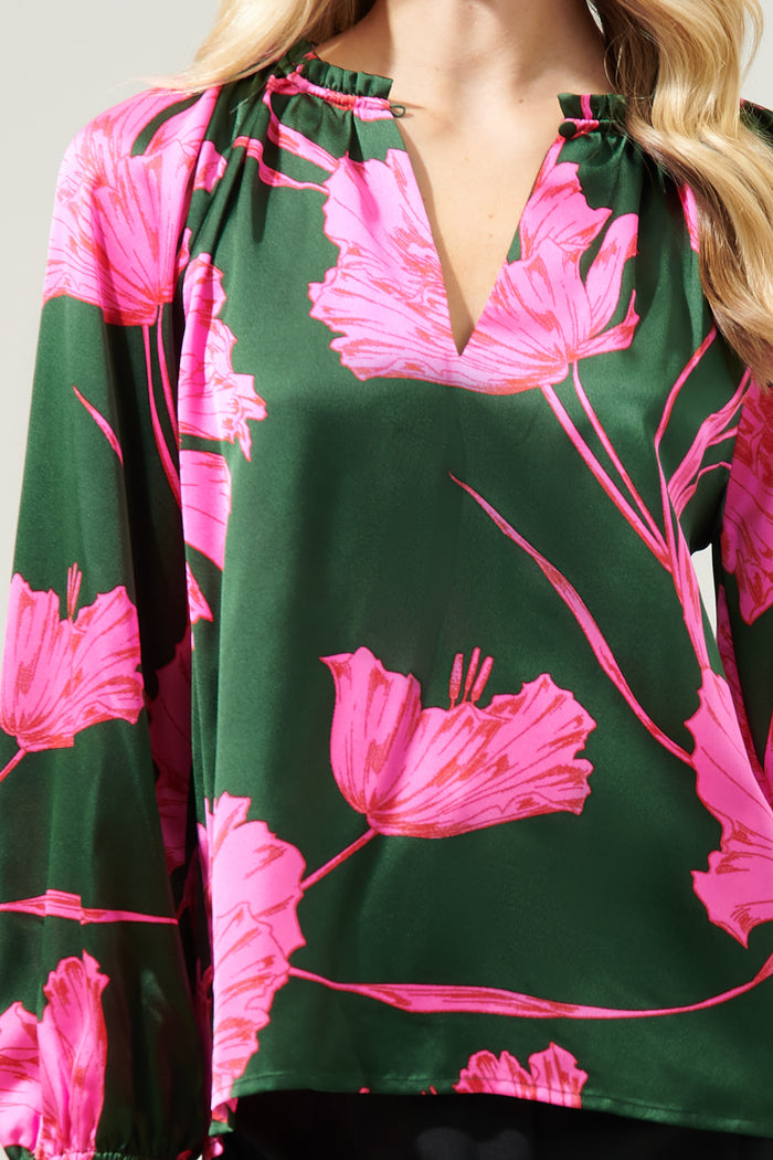 Eartha Floral Jovie Split Neck Satin Raglan Blouse