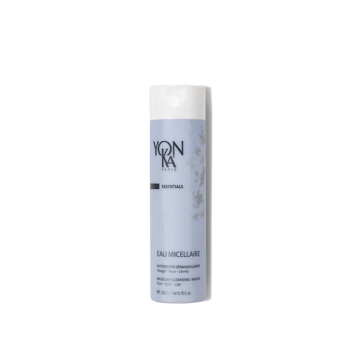 Bottle of Eau Micellaire Cleanser Makeup remover | Yon-Ka Paris with a light blue label, designed for gentle skincare and makeup removal.
