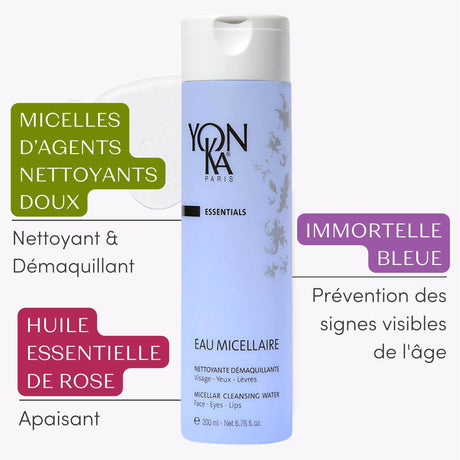 Eau Micellaire Cleanser Makeup remover | Yon-Ka Paris in a lavender bottle with gentle cleansing micelles, rose essential oil for soothing, and blue immortelle for visible age prevention in skincare.