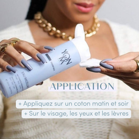 Woman holding a bottle of Eau Micellaire Cleanser Makeup remover | Yon-Ka Paris, dispensing the cleanser onto a cotton pad for skincare application.