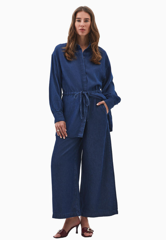 Elastic Waist Wide Leg Denim Pants - MID BLUE DENIM