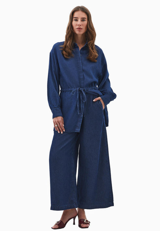 Elastic Waist Wide Leg Denim Pants - MID BLUE DENIM