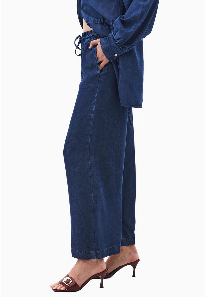 Elastic Waist Wide Leg Denim Pants - MID BLUE DENIM