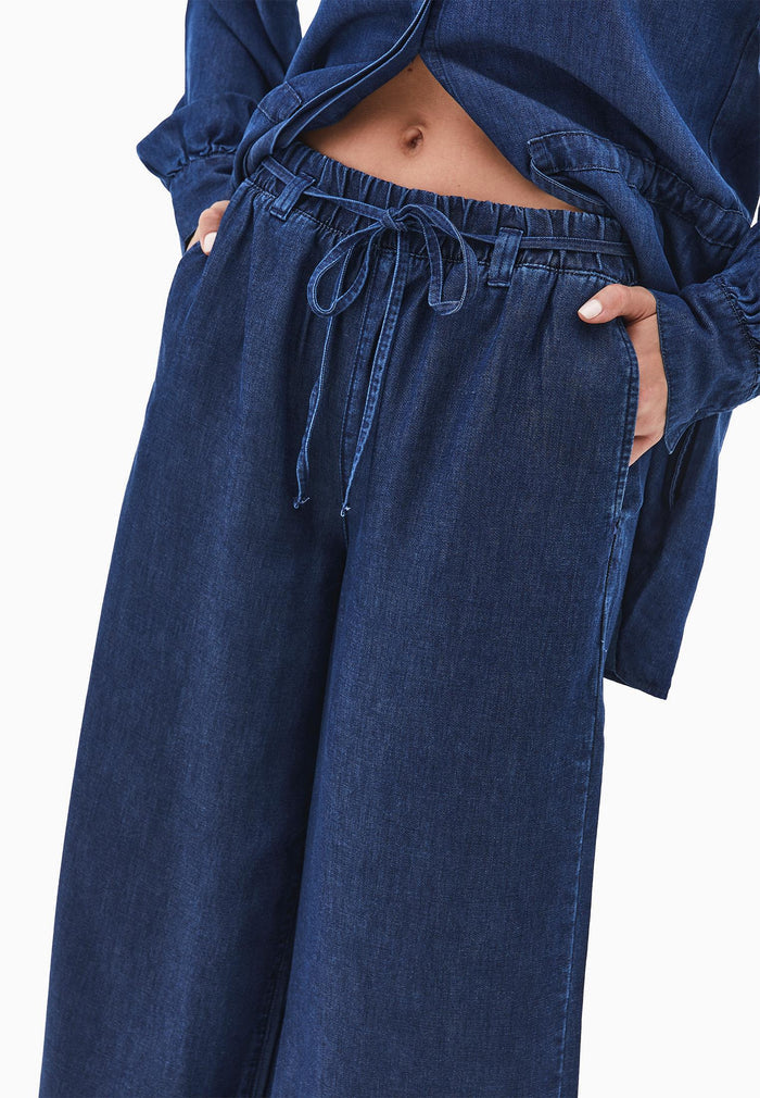 Elastic Waist Wide Leg Denim Pants - MID BLUE DENIM