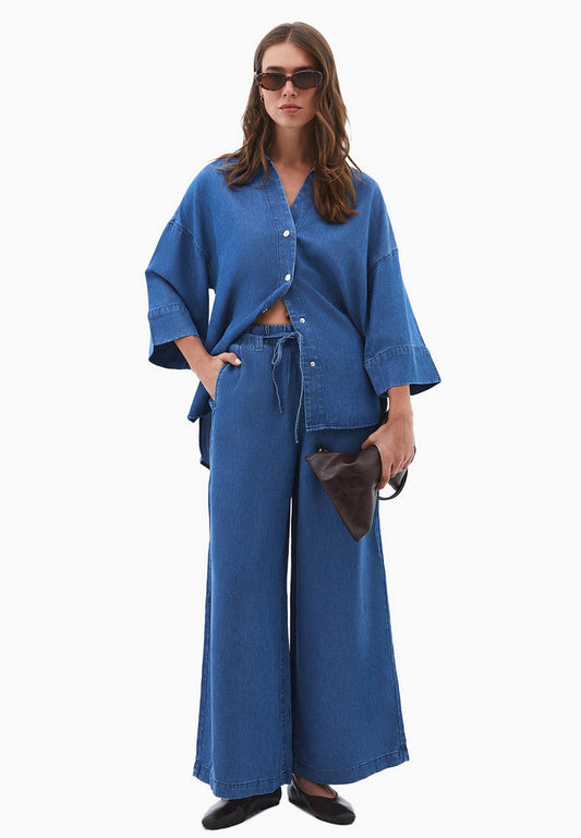 Elastic Waist Wide Leg Denim Pants - RODEO BLUE DENIM