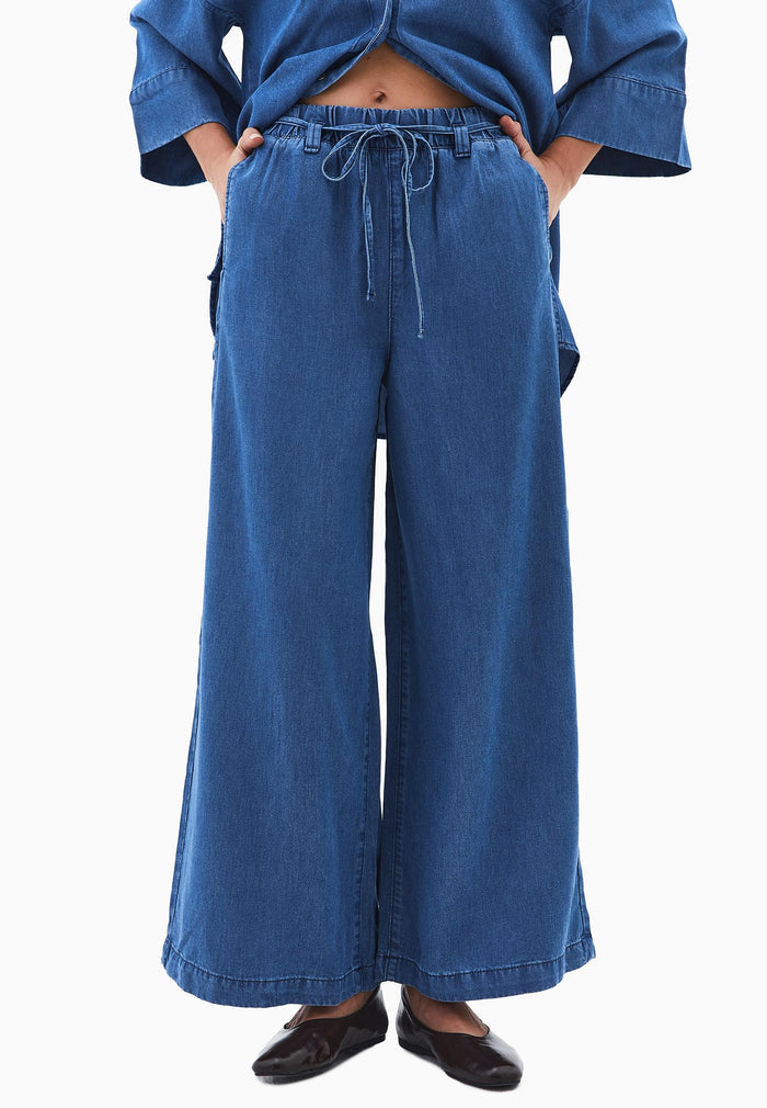 Elastic Waist Wide Leg Denim Pants - RODEO BLUE DENIM