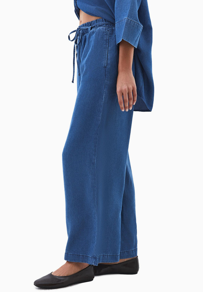 Elastic Waist Wide Leg Denim Pants - RODEO BLUE DENIM
