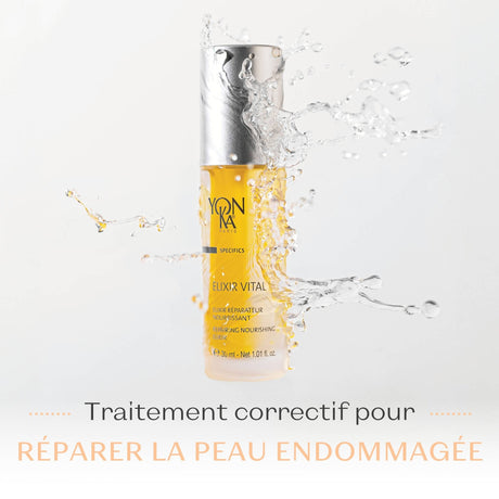 Elixir Vital Repairing Face Oil | Yon-Ka Paris bottle surrounded by splashing water droplets, highlighting its nourishing skincare benefits for damaged skin repair.