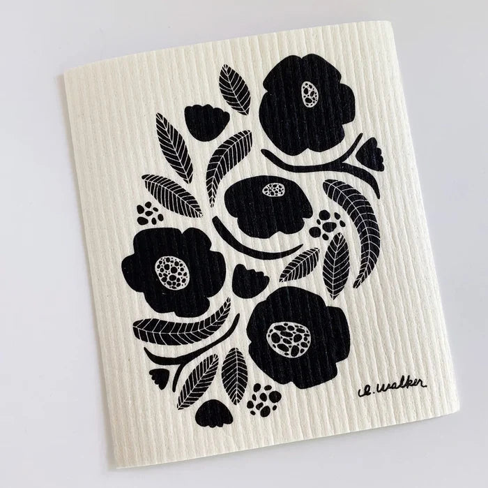 Black & White Floral Swedish Dishcloth