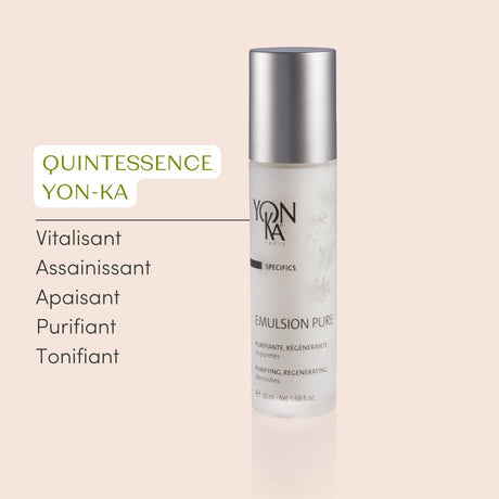 Clear bottle of Emulsion Pure Purifying Tonic | Yon-Ka Paris with silver cap, displayed with key skincare benefits on light beige background.