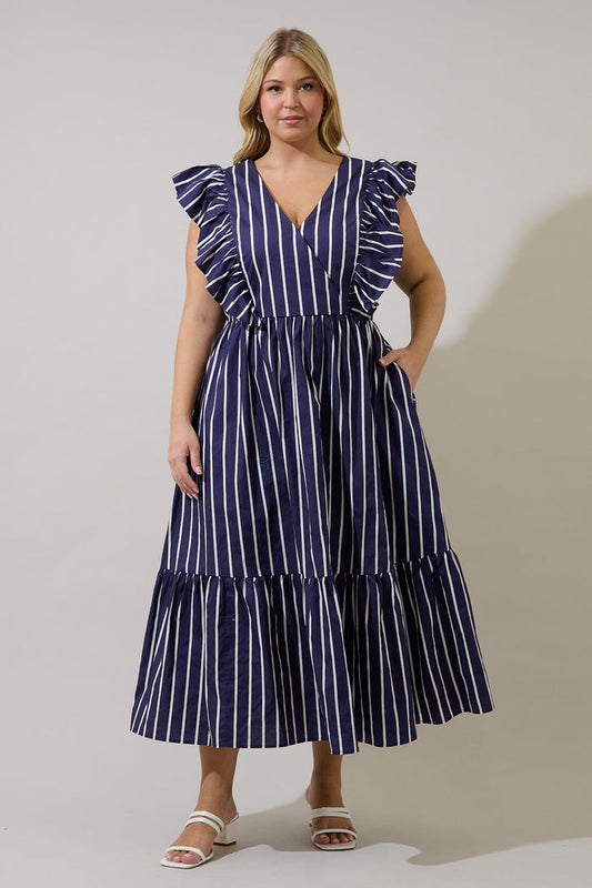 Fairness Poplin Surplice Midi Dress Verta Stripe Curve