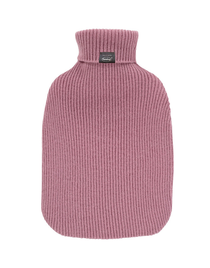 Pink Fashy 2L hot water bottle with ribbed knit cover and funky label